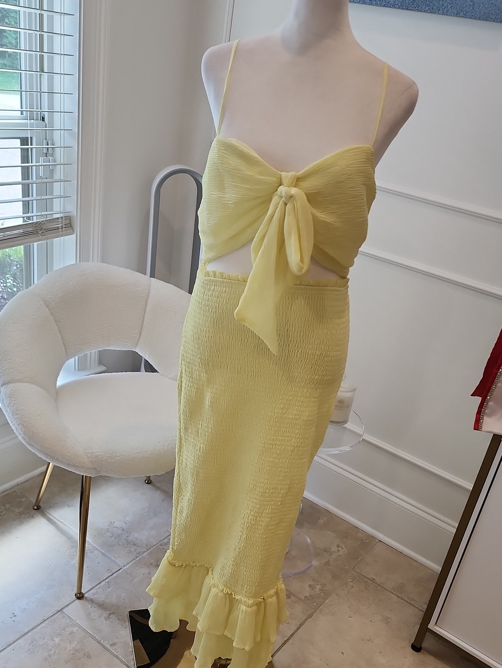 Miss Avenue Pale Yellow Smocked Maxi Skirt Set with Tie-Front Top